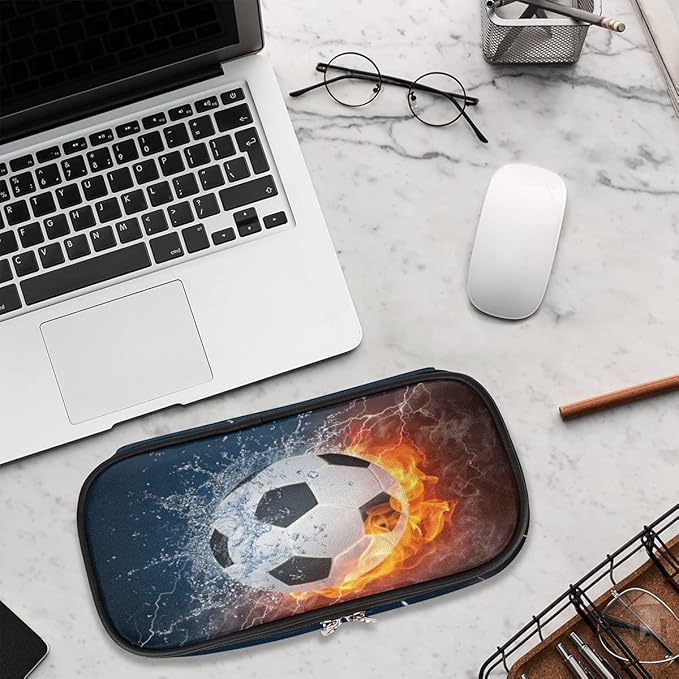 Pardick Soccer Big Capacity Pencil Pen Case Flame Soccer Large Pencil Pouch with Zipper Compartments Pencil Bag for Boys Girls Adults Student Office School Supplies