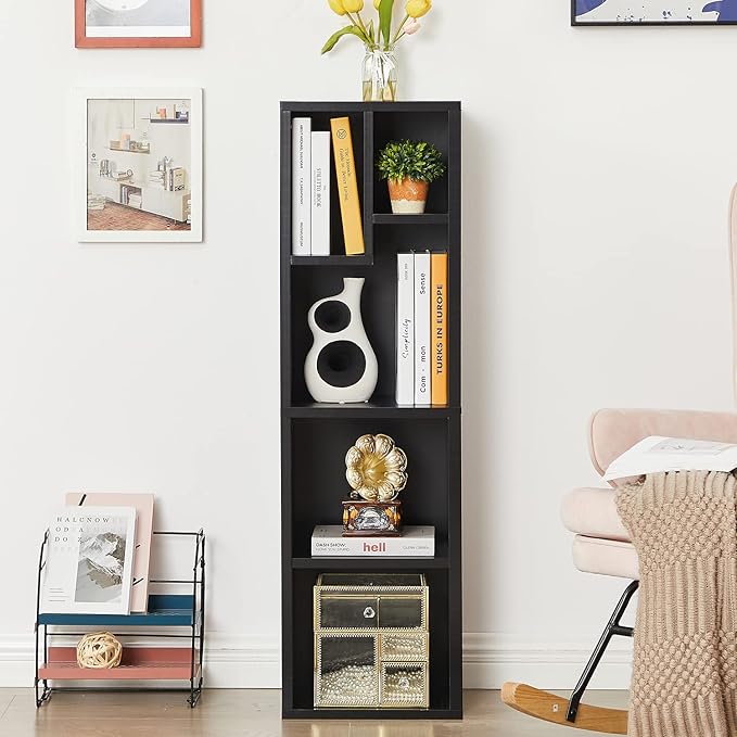 VECELO 4-Tier Bookcase, Modern Storage Cabinet with Height Difference Shelves for Standard Textbooks, 5 Cubes, Vertical or Horizontal, Easy Assembly,Vintage Black