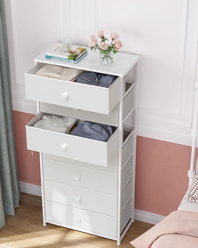 Crestlive Products Tall Dresser, 7-Drawer Wide Fabirc Storage Tower, Chests of Drawers - Vertical Organizer Unit for Bedroom, Hallway, Entryway, Nursery, Wood Top, Closets with Handles (White)