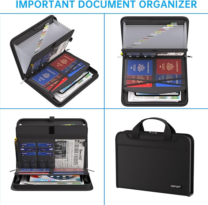 ENGPOW Accordion File Organizer, Fireproof Expanding File Folder with 13 Pockets Document Organizer with Handle & Labels, Portable Home Travel Safe Storage for Letter A4 Files and More, Black