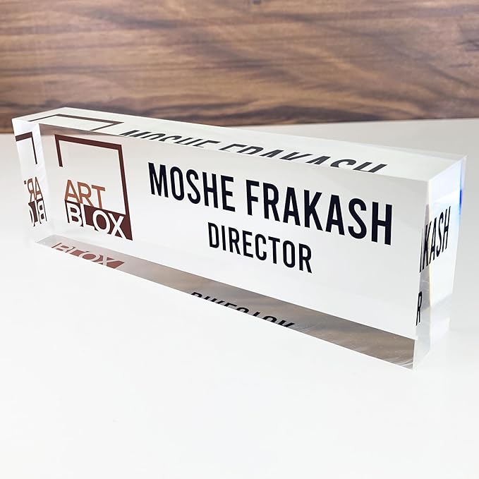 Artblox Office Desk Name Plate Personalized | Custom Name Plates for Desks with Your Logo On Clear Acrylic Glass - (8" x 2.5")