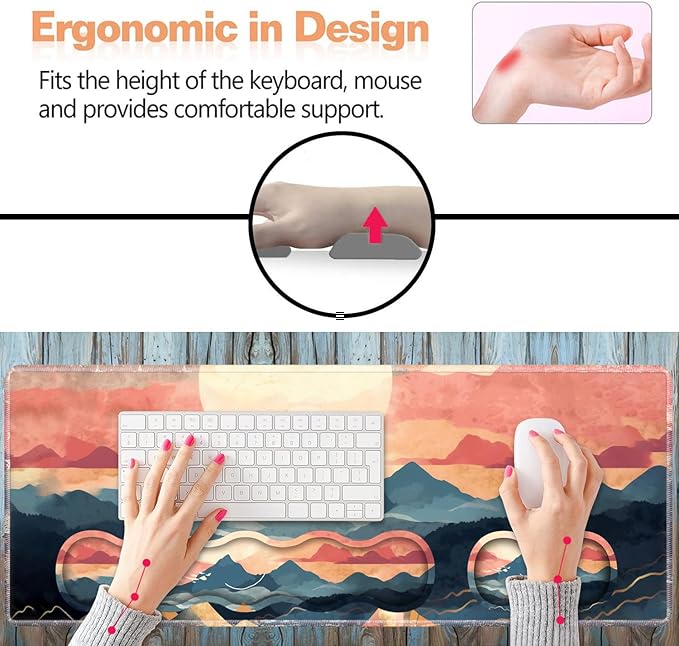 Ergonomic Keyboard Wrist Rest and Mouse Pad Wrist Rest Set, Large XXL Gaming Mousepad 31.5"x 11.8", Memory Foam, Easy Typing Pain Relief, Multifunctional Desk Mat for Office & Home, Mountain Sunrise