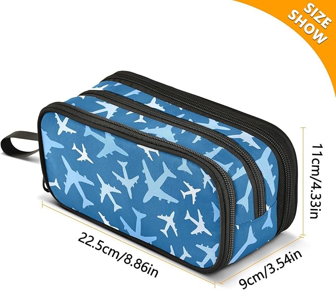 Airplanes Blue Pencil Case Box Boys Girls Large Pencil Pouch with Zipper Compartments Big Capacity Stationery Pen Bag Organizer for Kids Teens Adults School