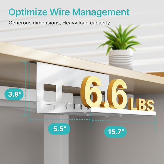 Under Desk Cable Management Tray, 15.7 Inches Metal Cord Organizer Rack, Desk Tray for Power Strip, Cord, Wire, Easy Mounting Cable Management Under Table for Home Office, White