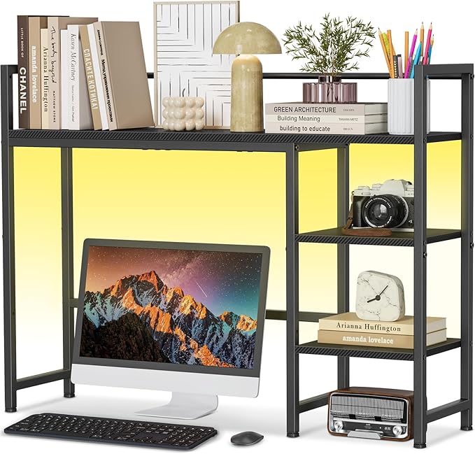 Snughome Desk Shelf with LED Strip, 38.6" Desktop Organizer Shelf, Desk Hutch for Computer Monitor, 4 Tier Desk Display Rack, Wood Desktop Bookshelf Storage Rack for Home Office Dorm