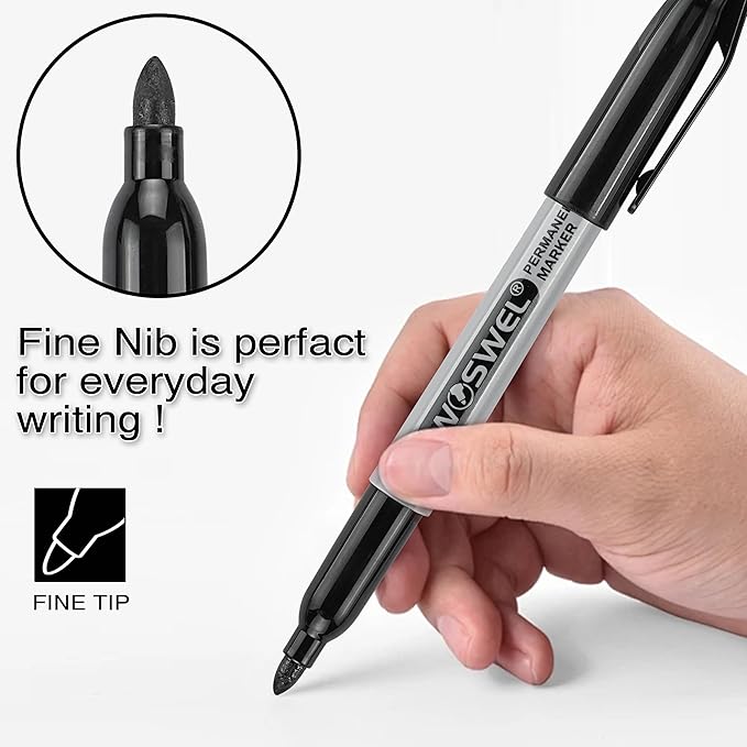 WOSWEL Permanent Markers Bulk, 50 Pack, Black Permanent Marker Pens, Fine Tip, Waterproof, Quick Drying, Smooth Writing, Used on Glass Metal Stone Paper Most Surfaces, Office School Supplies
