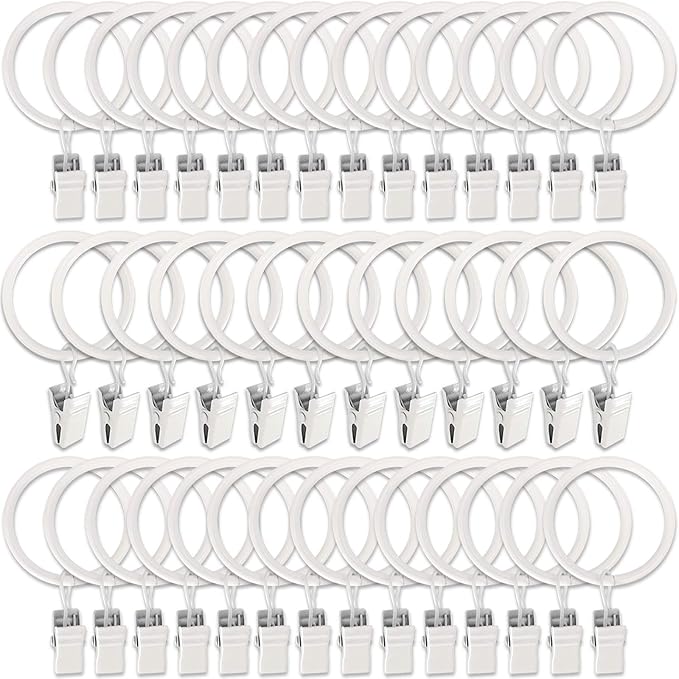 AMZSEVEN 40 Pack Metal Curtain Rings with Clips, Drapery Clips Hooks, Decorative Curtain Rod Clips 1.5 in Interior Diameter, Rustproof White