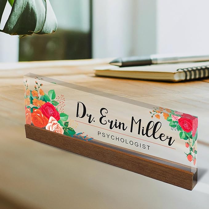 Artblox Personalized Office Desk Name Plate and Business Card Holder | Clear Acrylic Glass with Teak Wood Stand |Mixed Flowers Design Customized with Your Name and Credentials Office Desk Décor