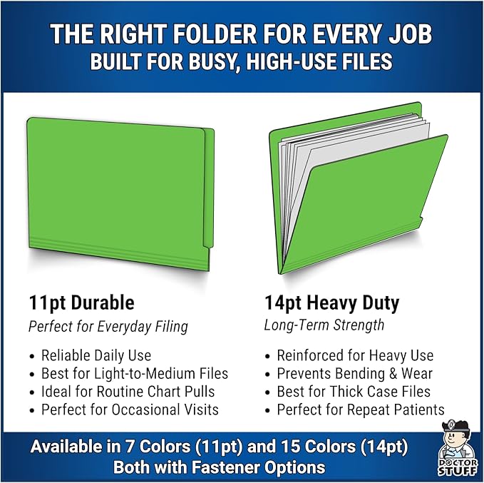 Green File Folders, USA Made, Doctor Stuff, One 2" Bonded Fastener Top Right Position 1, Durable 11pt, Reinforced End Tab File Folders with Prong, Medical Charts/Patient Chart, 50/Box