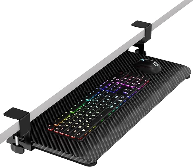 ERGOMAKER Keyboard Tray Under Desk, Pull Out Keyboard Tray with C Clamp Mount, 25.6" (29.7" Including Clamps) x 11.8" Slide-Out Computer Drawer for Typing, Keyboard & Mouse Tray, Black Carbon Fiber