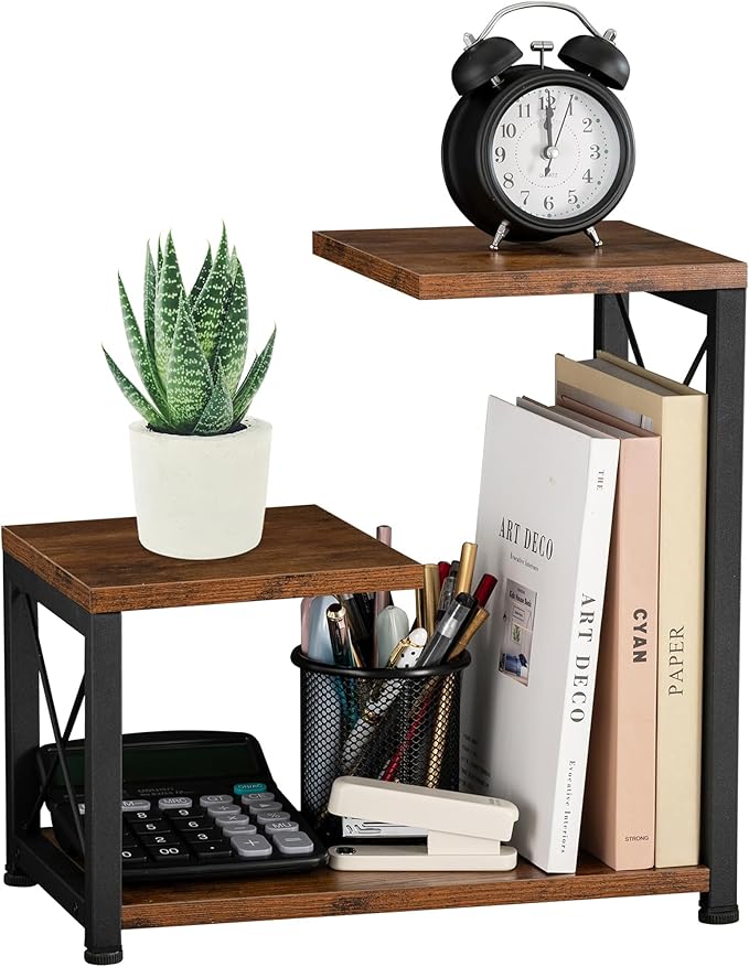 Desk Shelf Organizer, 3 Tier Storage Shelf Riser Display Stand, Wood Desktop Organizer Small Bookshelf, Desktop Shelf for Office Decor and Desk Accessories,Rustic Brown Black
