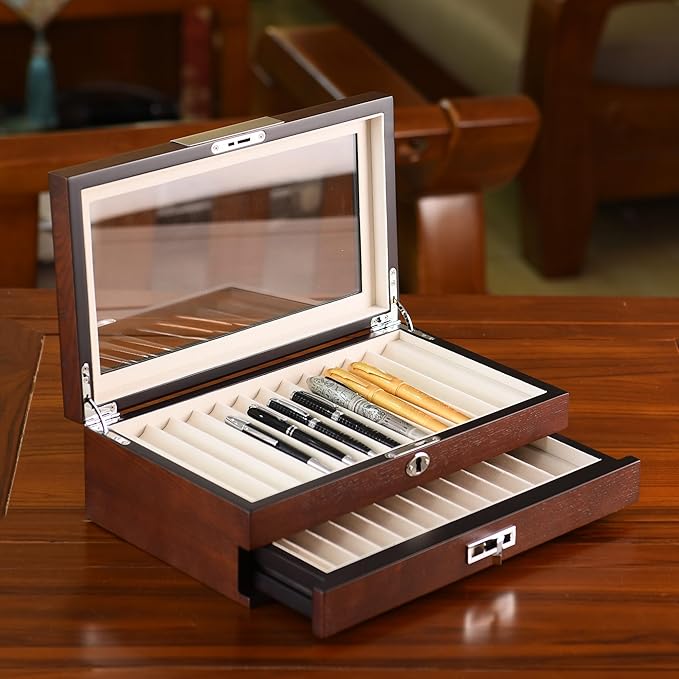 Wood Pen Organizer Box 24 Slot Fountain Pen Display Case with Drawer, Top Glass Window and Lockable Pen Collection Storage Box for Men Gift (24 Slots - Brown w Cream Velvet)