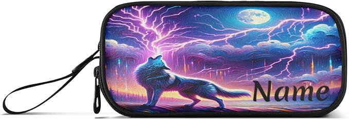Custom Wolf Howling Moon Lightning Pencil Case Box Boys Girls Personalized Name Large Pencil Pouch Stationery Pen Bag Organizer for Kids Adults School Office