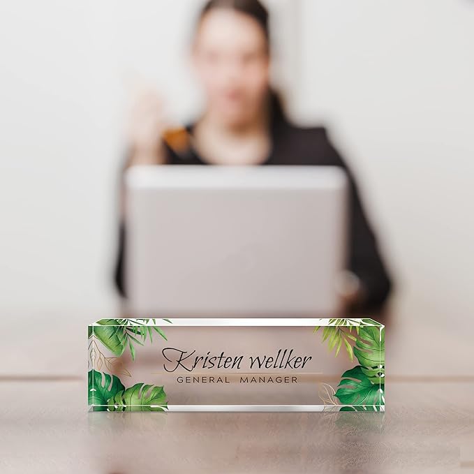 Premium Green Monstera Personalized Acrylic Name Plate - Desk Decor for Women or Men, Boss, Employee, Teacher