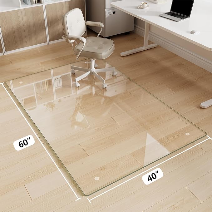 FlyEcho Glass Chair Mat 40" x 60" Heavy Duty Tempered Glass Office Chair Mat, Glass Floor Mat with Polished Edge and Round Corner for Smooth Glide, Carpet Hardwood Floor Protector