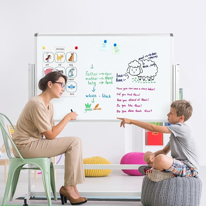 MAKELLO Rolling Whiteboard on Wheels 60x48 in, Large Dry Erase Board with Stand, Double Sided Magnetic White Board for Office School Home, Height Adjustable, Aluminum Frame, 5'x4'
