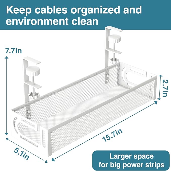 No Drill Under Desk Cable Management Tray, SONATURE 15.7" Cord Organizer for Table, Clamp Mount Desk Cable Management, Premium Carbon Steel Cable Organizer for Office, Home (White)
