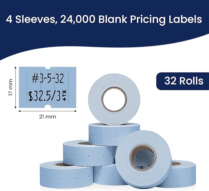 Perco 2 Line Blue Labels - 32 Rolls, 4 Sleeves, 24,000 Blank Price and Date Gun Labels for Perco 2 Line Price and Date Guns - Made in USA