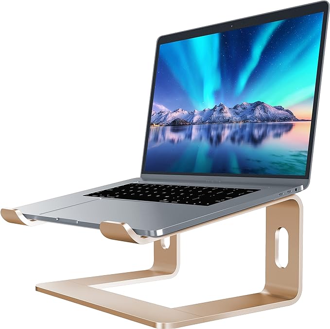 SOUNDANCE Laptop Stand, Aluminum Computer Riser, Ergonomic Laptops Elevator for Desk, Metal Holder Compatible with 10 to 15.6 Inches Notebook Computer, Gold