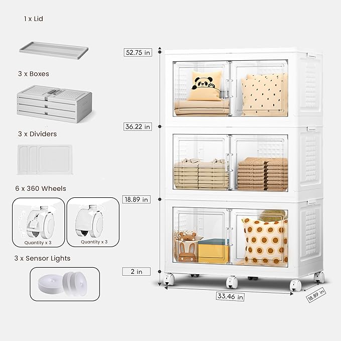 FINCHESCLUB 568QT Large Stackable Storage Bins with Lids, 141Gal Foldable Storage Bins with Doors and Wheels, Collapsible Closet Organizers for Home Office, 3 Pack - White