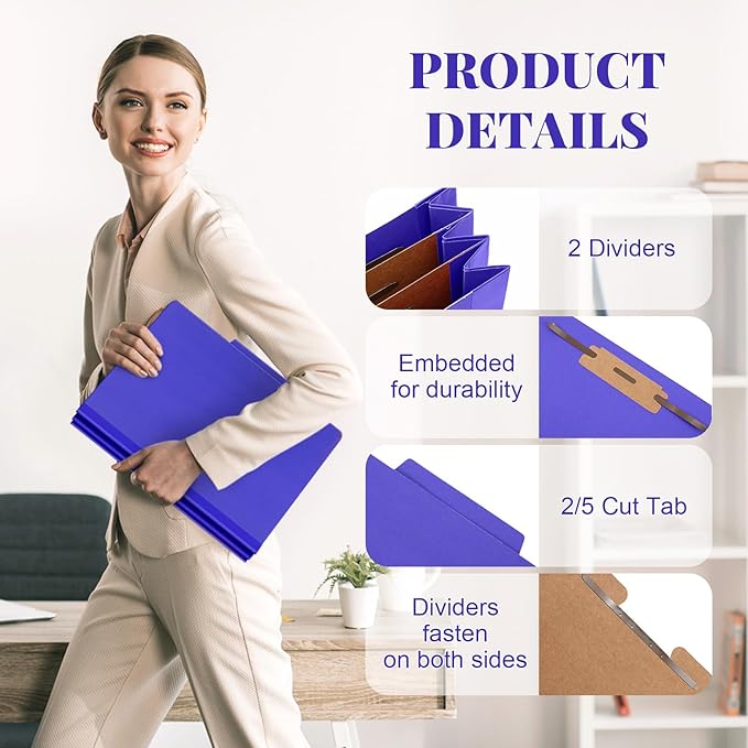 Skyygemm 12 Pcs Classification Folders Letter Size Bulk - 2 Dividers Pressboard File Folder with 3. 5 Inch Expansion, 2 Prongs Fastener, Heavy Duty Office File Organizer for Teacher Medical (Purple)