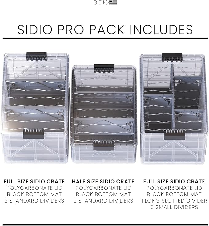 SIDIO CRATE Pro Pack - Two Full Size and One Half Size SidioCrate, Stackable Outdoor Organizer Storage Bins with Clear Lid and Dividers - Clear