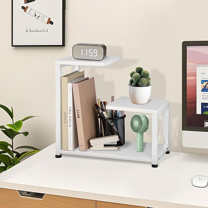 Desk Shelf Organizer, 3 Tier Storage Shelf Riser Display Stand, Wood Desktop Organizer Small Bookshelf, Desktop Shelf for Office Decor and Desk Accessories, White