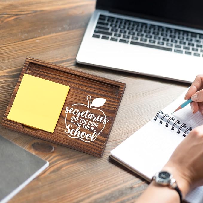 School Secretary Gifts Sticky Note Holder Wooden, Thank You Appreciation Gift for Secretary School Receptionist Assistant Front Office Crew, Office Decor Desk Self-Stick Note Pad Holders TZP12