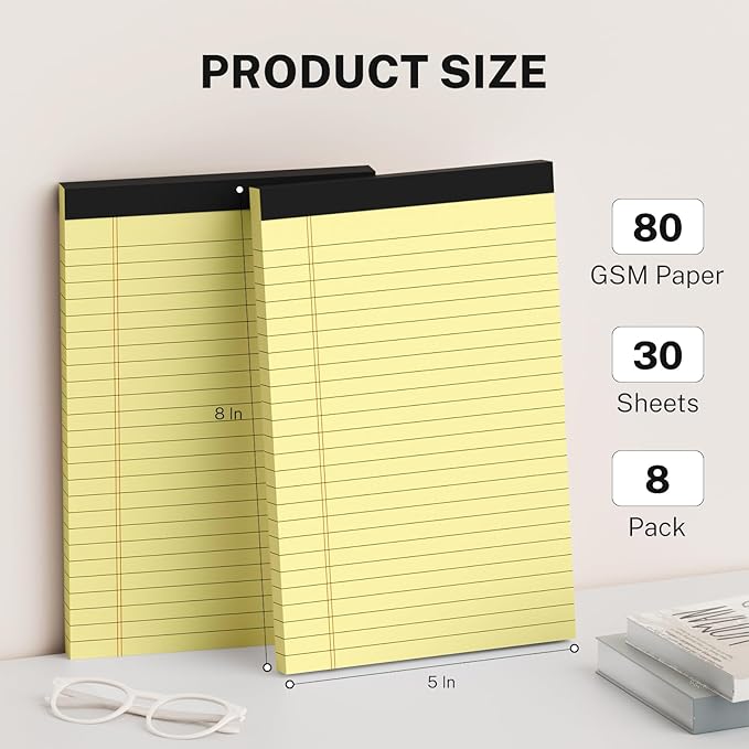 8 Pack Note Pads 5 x 8 Inch, Yellow Narrow Ruled Small Legal Pads, Perforated Notepad 5 x 8 Lined Writing Pads, College Lined Legal Notepads for To-do Lists, Daily Note-taking, School and Office