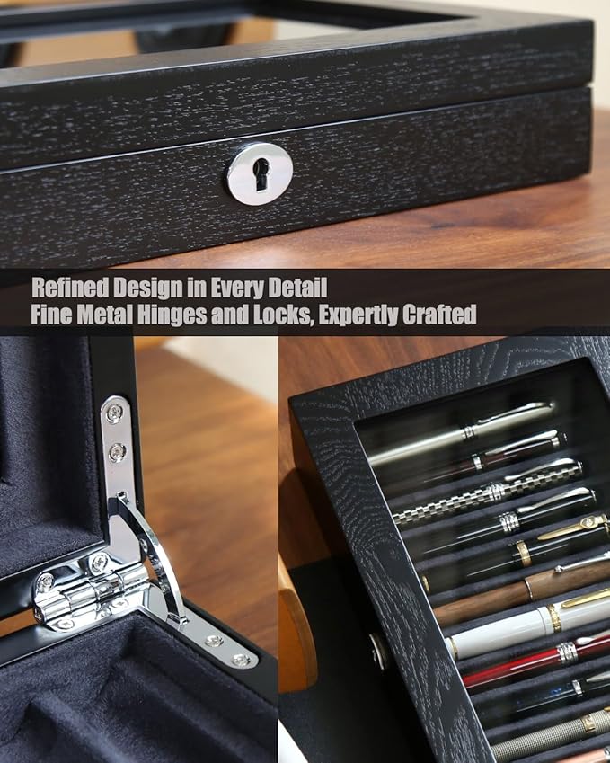12-Slot Fountain Pen Collector Case – Lockable Wooden Organizer with Glass Display Top, Premium Storage Box for Writing Instruments and Gift for Men