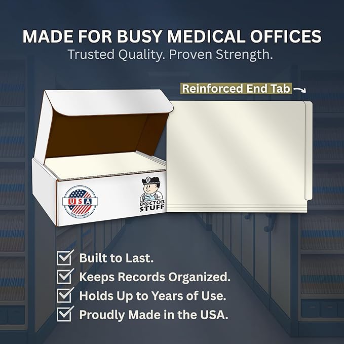 White File Folders, USA Made, Doctor Stuff, One 2" Bonded Fastener Top Right Position 1, Durable 11pt, Reinforced End Tab File Folders with Prong, Medical Charts/Patient Chart, 50/Box