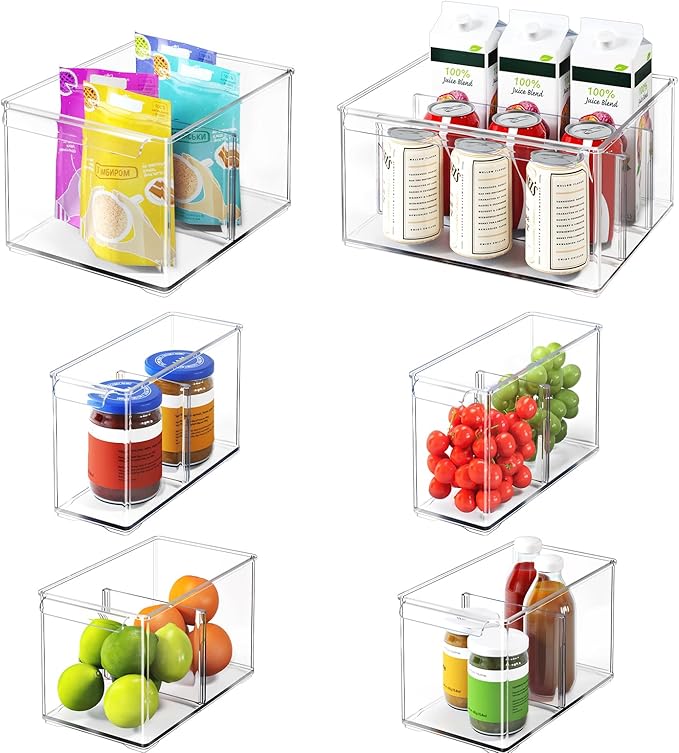 Clear Plastic Storage Bins 6 Pack, Stackable Storage Containers with Dividers, Tall 6" Thicken Storage Drawer Organizer Boxes for Pantry Kitchen Cabinets Fridge Vanity Makeup Craft C6-3