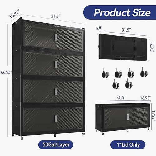 200 Gallon Extra Large Collapsible Storage Bin with Lid, 960QT Stackable Plastic Organizer with 6x Wheels, Foldable Drawer Cabinet for Closet, Living Room Office, Kitchen 4Pack, Black