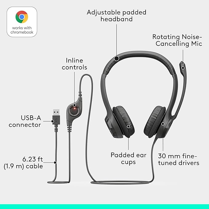 Logitech H390 Wired Headphones with Mic, USB-A Headset with Microphone for PC, Noise Cancelling Microphone for Video Meetings, Music, Gaming - Black