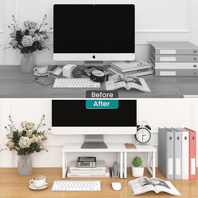 ELITEROO Wood Desktop Shelf, Freestanding Small Bookshelf Dorm Supplies Organizers, 2 Tier Independent Stackable Desk Stand, Adjustable Storage Organizer, Kitchen Counter Display Rack, White