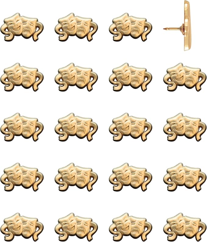 Comedy and Tragedy Masks Push Pins - Gold Theater Mask Map Pins for Cork Boards, Maps, or Lapel Use - Designed in USA - Set of 20