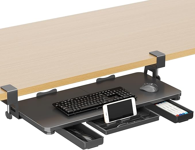 Keyboard Tray Under Desk with Storage Drawer Large C-Clamp 26.7”(31” Including Clamps) x 11.8” Slide-Out Platform Computer Drawer Pull Out Keyboard & Mouse Tray DSF7CT