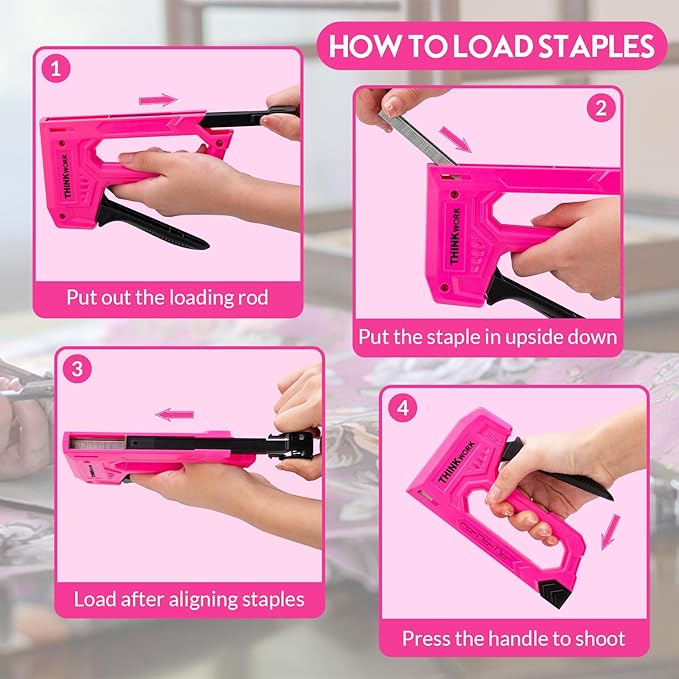 THINKWORK Light Duty Staple Gun, Pink Upholstery Staple Gun for Wood with 1600pcs JT21 Staples 1/4", 5/16", 3/8" and Staple Remover, Women Fabric Stapler Gun for Crafts, Wall, Arts, DIY, Decoration