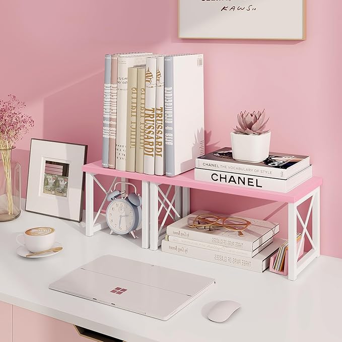 ELITEROO Desktop Shelf, 2 Tier Independent Stackable Desk Stand, Adjustable Freestanding Table Top Mini Bookshelf, Aesthetic Storage Organizers for Women/Girls/Daughter, Pink