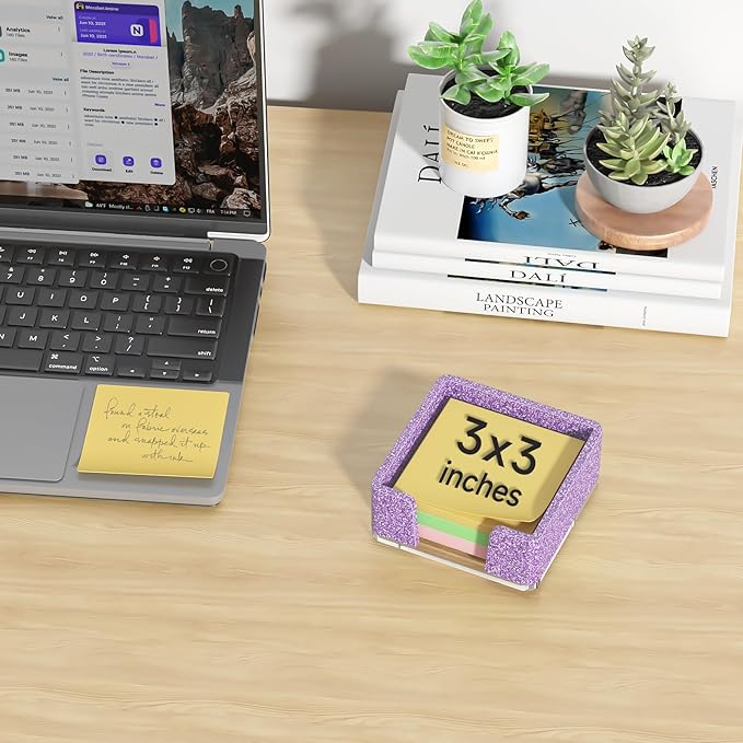 Sticky Note Holder, Glitter Purple Acrylic Notepad Holder 3x3 in Self-Stick Note Dispenser Office Desk Accessories, Memo Pad Holder Organizer for Classroom School Supplies