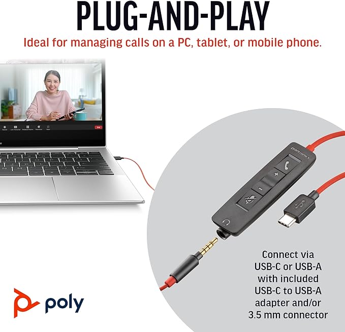 Poly Blackwire 3225 Wired Headset (Plantronics) - Noise-Canceling Mic – Stereo Design - Connect to PC/Mac/Mobile via USB-C, USB-A, or 3.5mm - Works w/Teams, Zoom - Amazon Exclusive