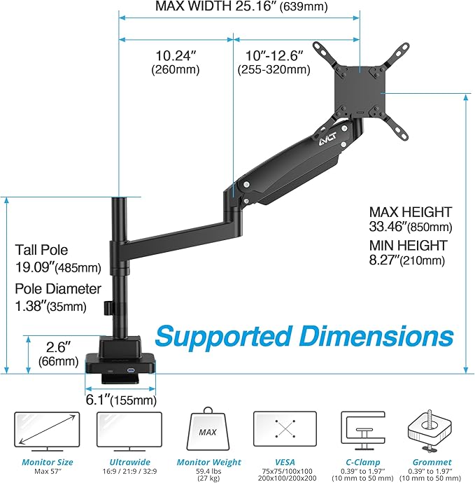 AVLT Single 57 Inch Heavy Duty Monitor Arm Pole Top Mount with USB-C USB-A Ports-Black, Height Adjustable, Easy Install Top C-Clamp/Grommet with Reinforcement Plates, VESA Compatible 200/100/75