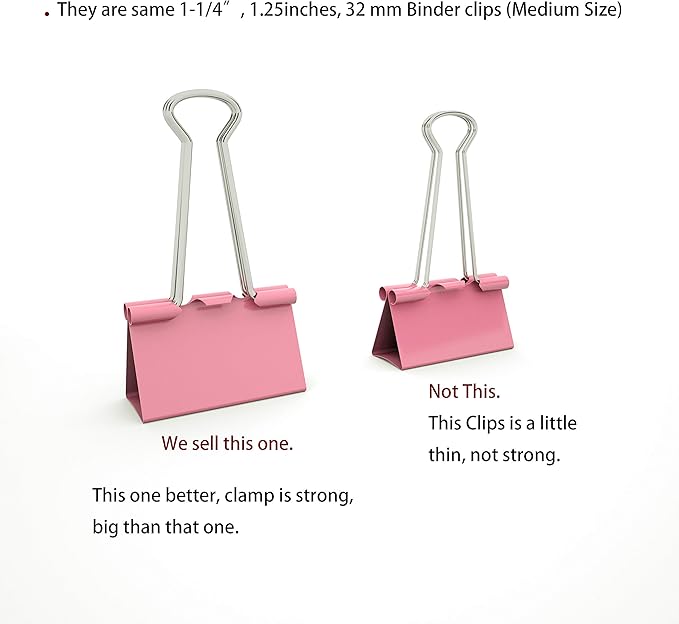Nctinystore Binder Clips Medium Metal Clamp 1.25 inch / 32 mm (Pink, 12-PCS)