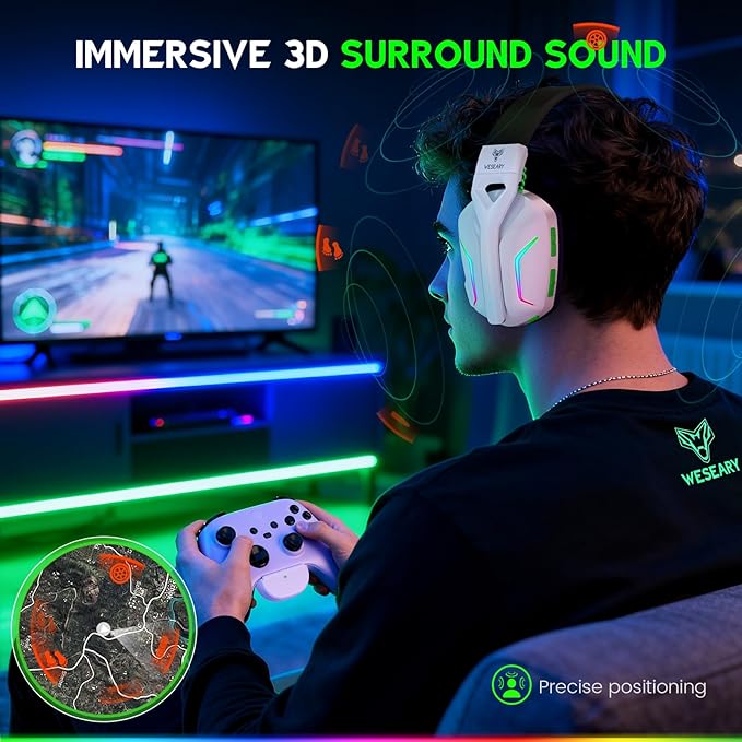 WESEARY Wireless Gaming Headset for Xbox Series X|S, Xbox One, PS5, PS4, PC, Mac, Switch, 2.4GHz + Bluetooth Over-Ear Gaming Headphones with ENC Mic, 3D Stereo, Dynamic LED Lights, 50mm Drivers, 50H