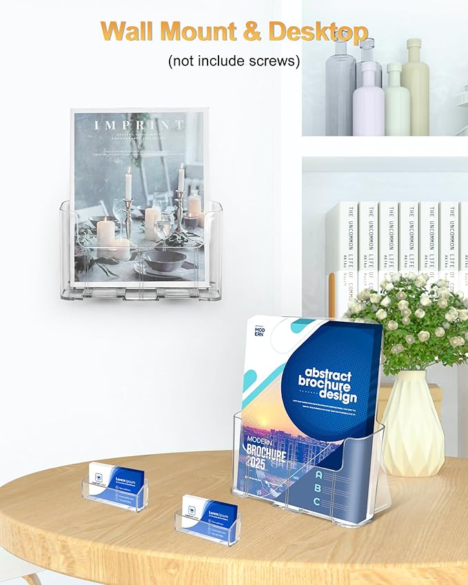 Acrylic Brochure Holder 8.5 x 11, 4 Pack Clear Brochure and Business Rack Card Holder Stand, Wall Mount Flyer Holder for Store Office Magazine Pamphlet Literature Document Menu Journals