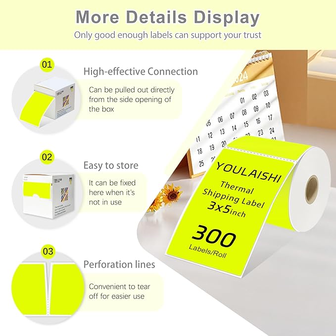 YOULAISHI 3 X 5 Inch Printable Rectangle Color Coding Labels, 300 Per Roll Adhesive Color Coding Stickers for Bar-Codes, Address, Small Business Labeling, Inventory, Fluorescent Yellow