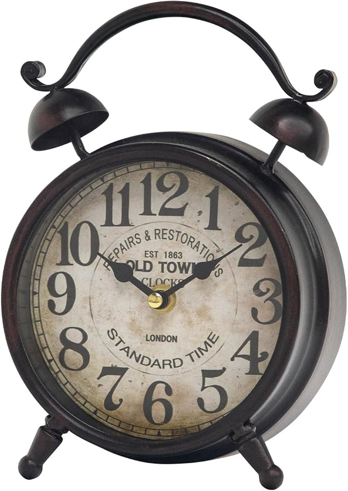 Vintage Dark Brown Desk Clock, Decorative Table Clock with Bell Top, Silent Non-Ticking Mantel Clock for Living Room or Bedroom, Wood Dial, Battery Operated