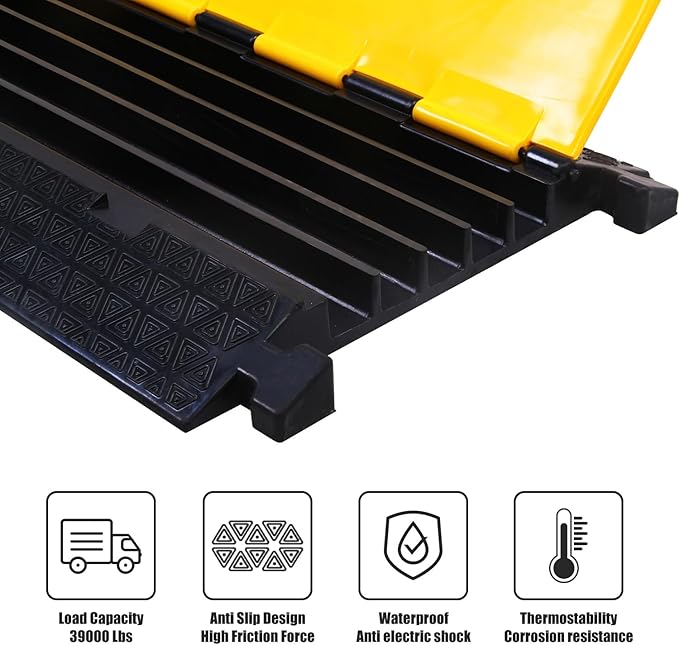 Rubber Cable Protector Ramp, Heavy Floor Cable Wire Cord Cover Speed Bumps 22000Lbs Load Capacity, Driveway Hose Cable Ramp Protective Cover for Indoor and Outdoor (5-Channel x 2Pcs)