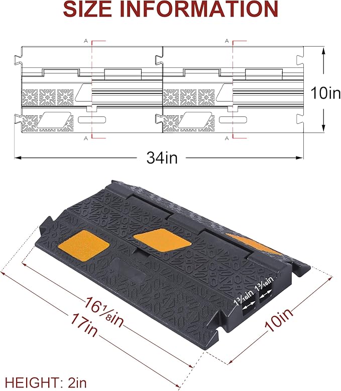 OrangeStar 6 Pack 17" Cable Protector Cover Ramps, 2-Channel Floor Protective Wire Cord Ramp, Heavy Duty Driveway Speed Bump
