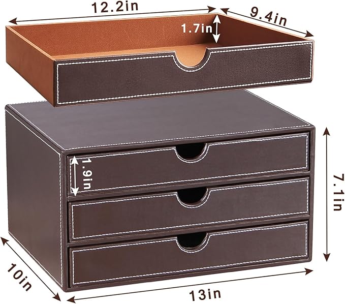 PU Leather Desk Organizer with 3 Drawers,Executive Office Supplies Desktop Filing A4 File Cabinet/Holder for Jewelry/Bill/Paper/Documents/Makeup Home Decor Stationery Storage Box,Brown